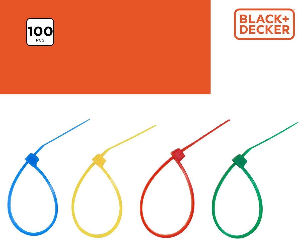 Black+decker kabelbinders 100st - kunststof - blauw, rood, geel en groen