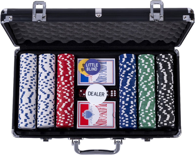 Juego de póquer Engelhart de 300 fichas (11,5 gramos) en estuche negro, con 2 juegos de cartas, 5 dados y 3 botones de crupier