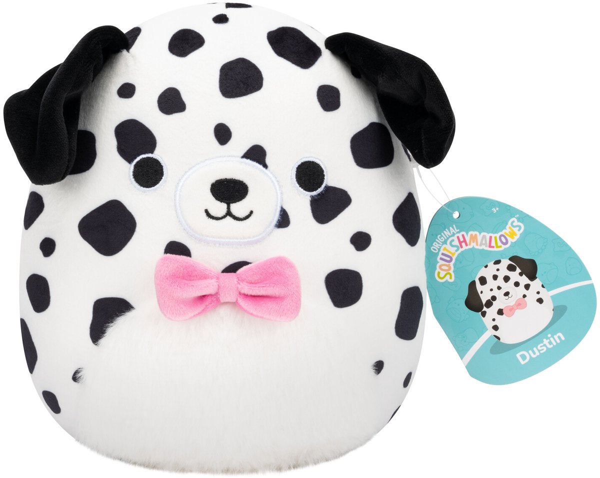 Squishmallows - Dustin - dalmata bianco con pancia pelosa e papillon - peluche 19 cm