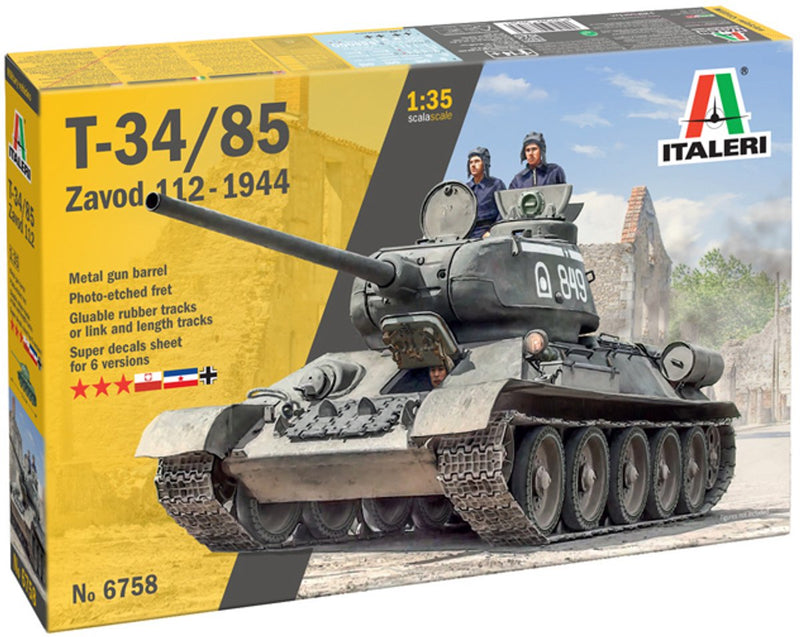 Maqueta Italeri de vehículos militares - 6758 t-34 85 zavod 112-1944 wwii - tanque soviético de plástico - 1:35 - fabricación de modelos