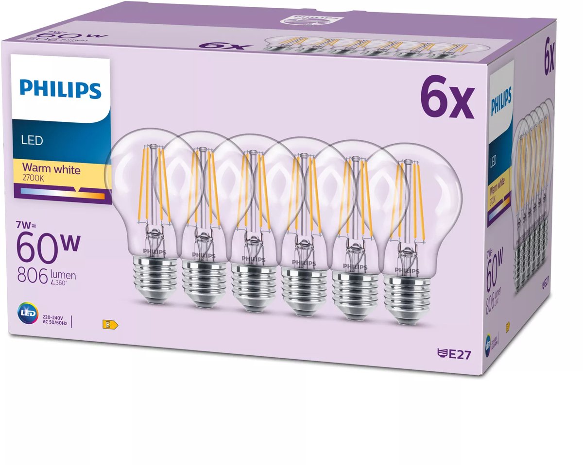 Lampada LED Philips opaca - 60 w - E27 - luce bianca calda - 6 pezzi