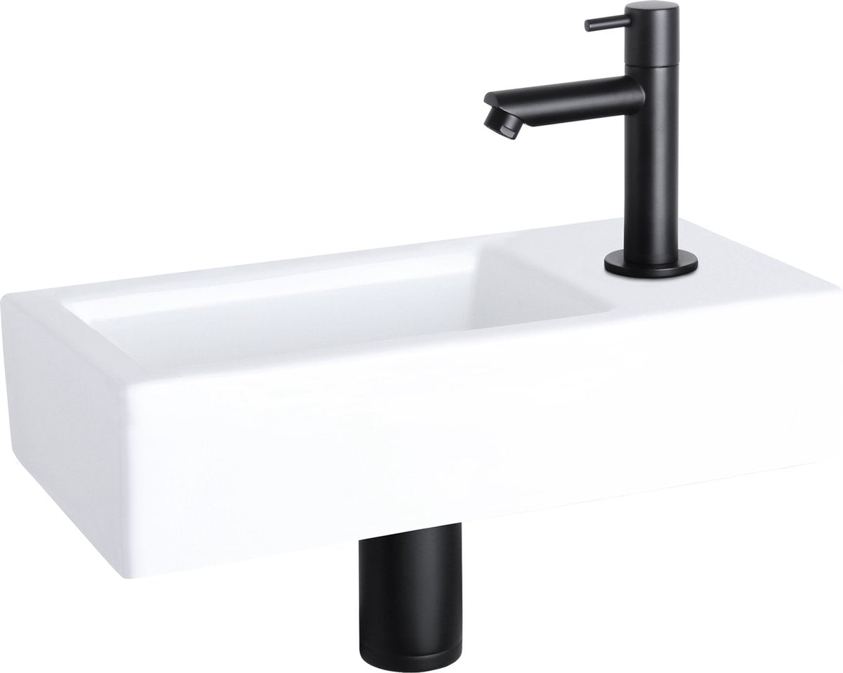 Differnz helios fonteinset - 37.5x18.5x9.5cm - rechthoek - 1 kraangat rechts - recht matte zwarte kraan - wit