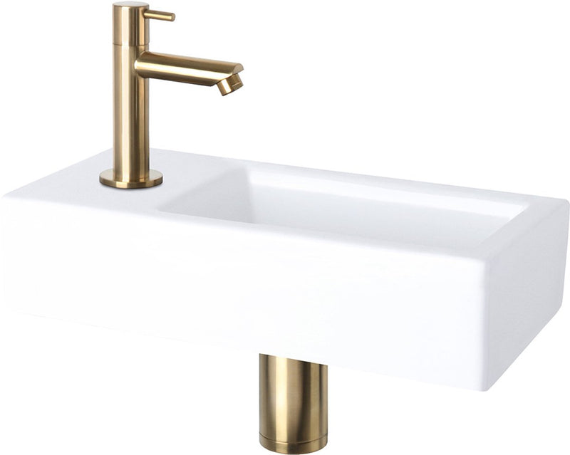 Differnz helios juego de fuente 37,5x18,5x9 cm – lavabo cerámico blanco – con grifo de agua fría izquierda derecha oro mate – juego de fuente para inodoro – incl. Tapón de drenaje sifón siempre abierto – montaje en pared