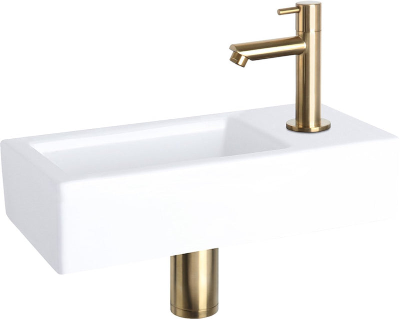 Set fontana Differnz helios – lavabo in ceramica 37,5x18,5x9,5 cm – set fontana per WC con rubinetto lavabo a destra oro opaco – lavabo con rubinetto dritto e maniglia standard – per bagno o toilette