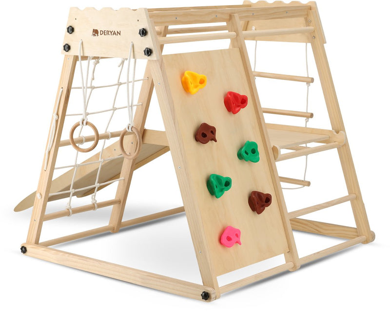 Parque infantil de madera Deryan - plegable - con rocódromo con tobogán