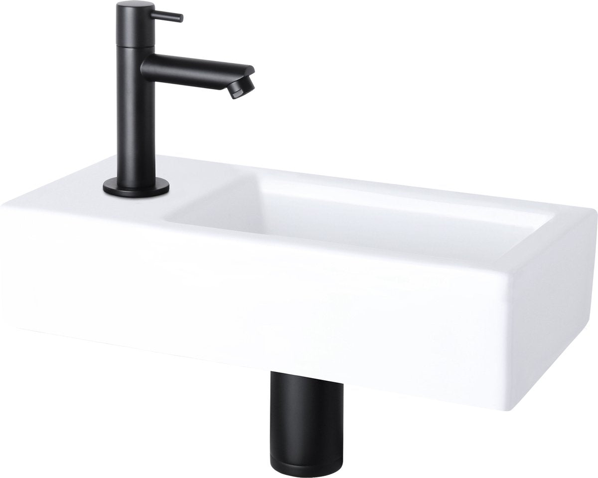 Differnz helios fountain set - 37.5x18.5x9.5cm - rectangle - 1 tap hole left - straight matte black tap - white