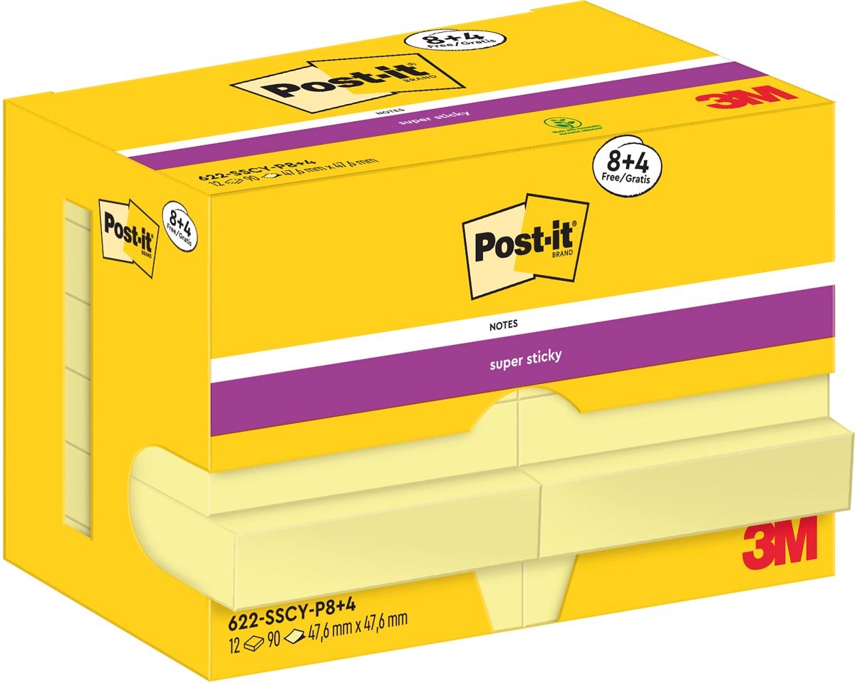 Post-it super sticky notes | 90 vel | ft 47 | 6 x 47 | 6 mm | geel | 8 + 4 gratis