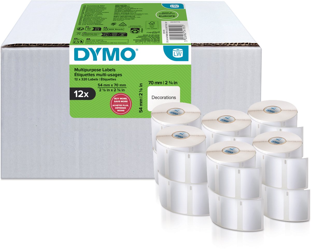 Etichette labelwriter multifunzione originali Dymo | 54 mm x 70 mm | 12 da 320 etichette ciascuno (3.840 etichette autoadesive) | per le stampanti per etichette labelwriter | prodotto in Europa