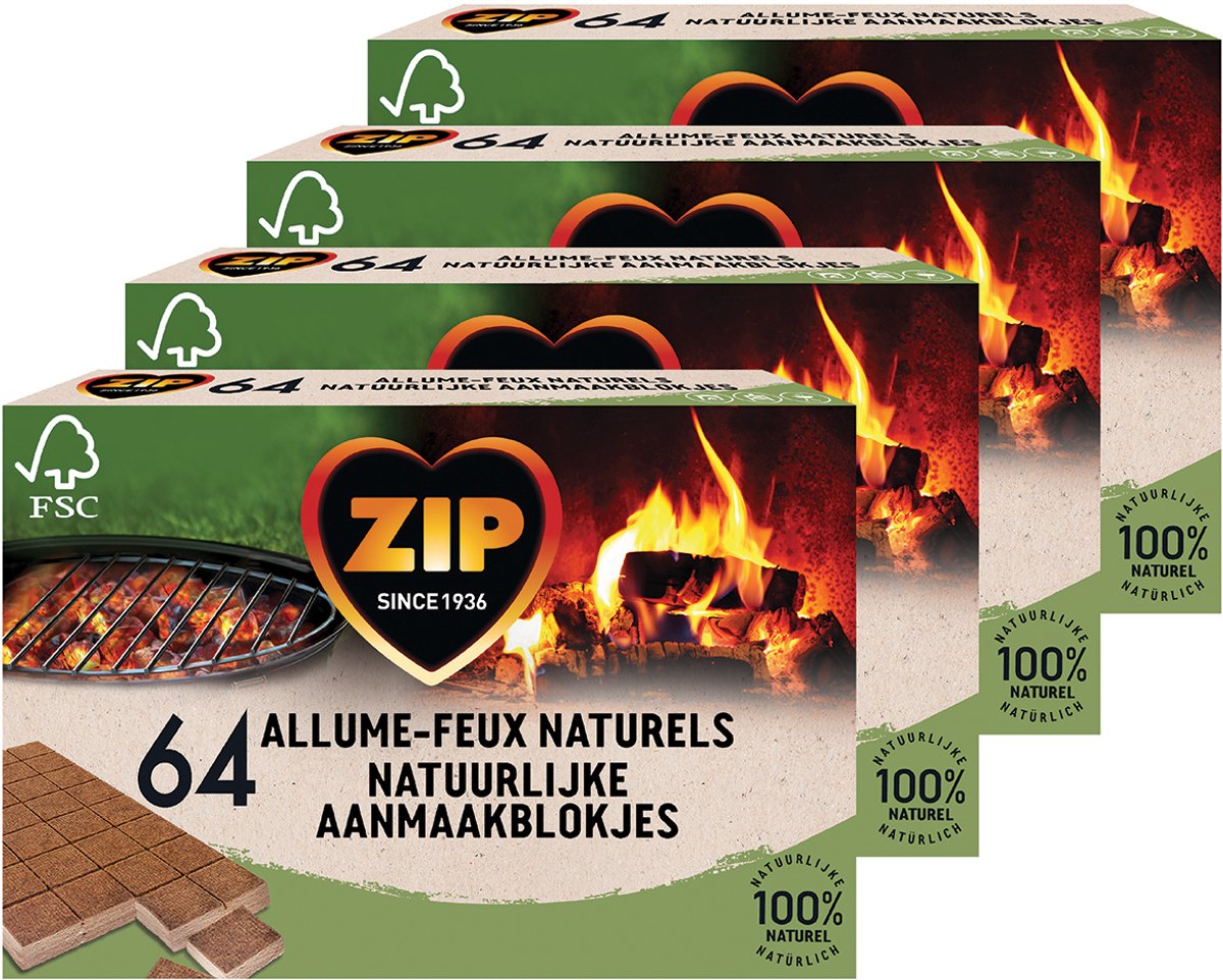 Accendifuoco Zip 265 pezzi - Cubi BBQ per caminetto - accendifuoco marroni - naturali e inodore - 4 x 64 pezzi