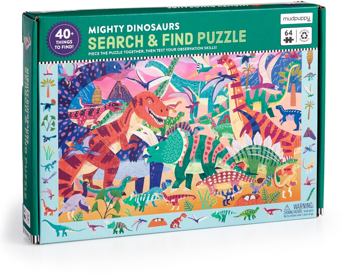Puzzle de objetos ocultos de Mudpuppy - dinosaurios poderosos - 59x39cm - 64 piezas - 4 años