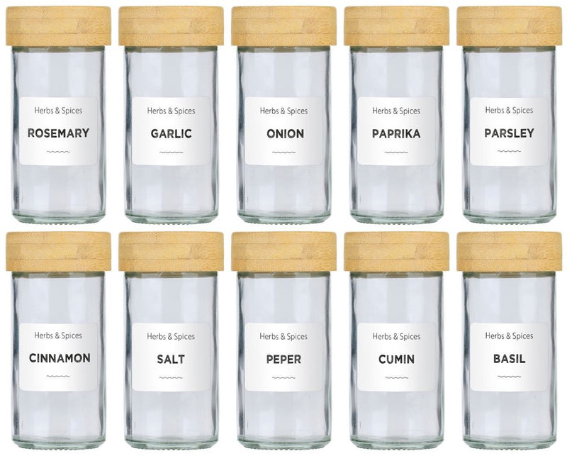Set di 12 barattoli per spezie Alpina - inclusi adesivi per spezie e coperchi per cospargere - barattoli di vetro con coperchio - organizzatori da cucina - bambù