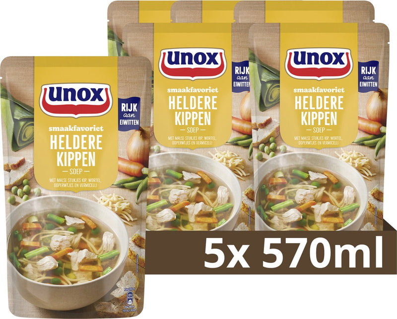 Unox - zuppa in busta - zuppa di pollo chiara - con teneri pezzi di pollo, carote, piselli e vermicelli - 5 buste x 570 ml