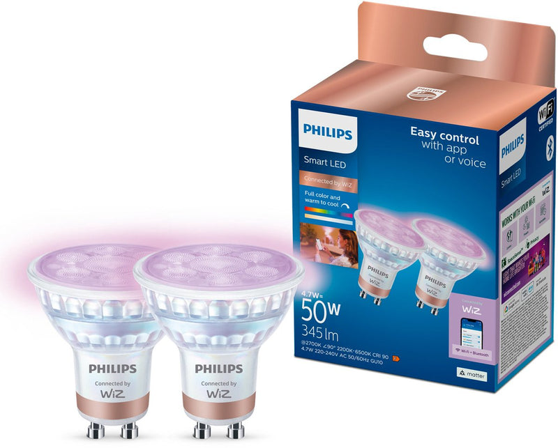 Philips lighting philips smart lighting - spot 2-pack - slimme led verlichting - gekleurd en wit licht - gu10 - 50w - wi-fi
