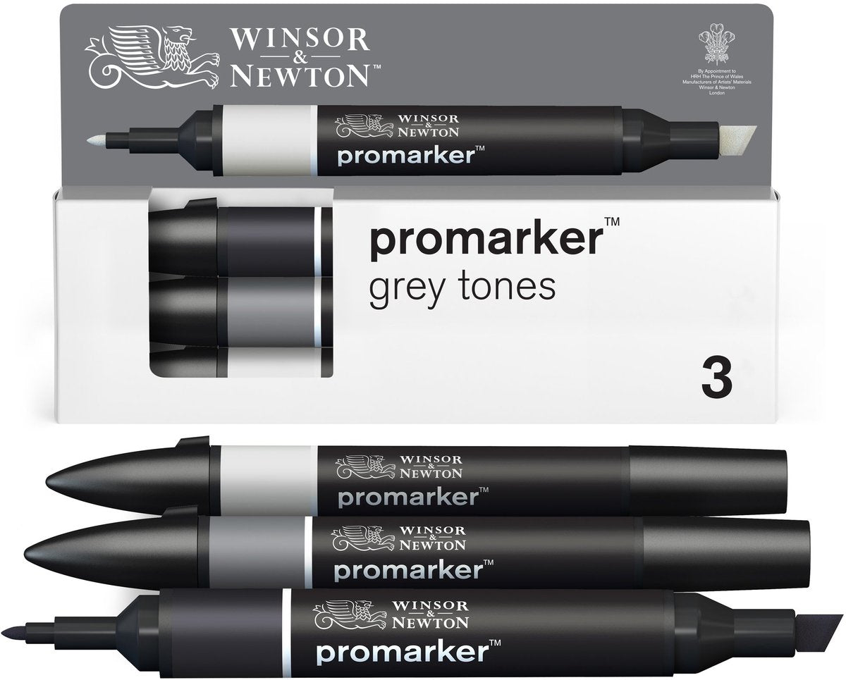 Winsor Newton 0290185 promarker set 3 pezzi – toni grigi – pennarelli ad alcool con doppia punta