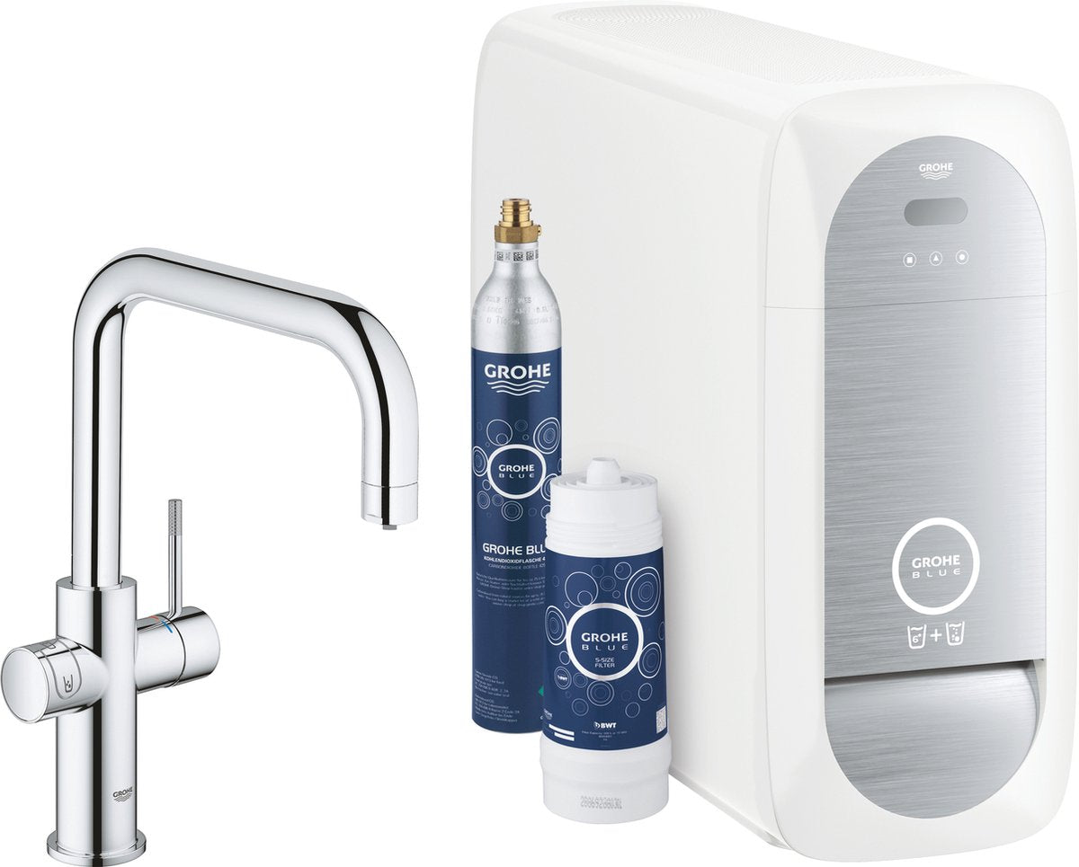 Rubinetto cucina Grohe blue home duo - con Bluetooth e WiFi - starter kit - bocca a U - cromato - per acqua purificata, refrigerata e frizzante
