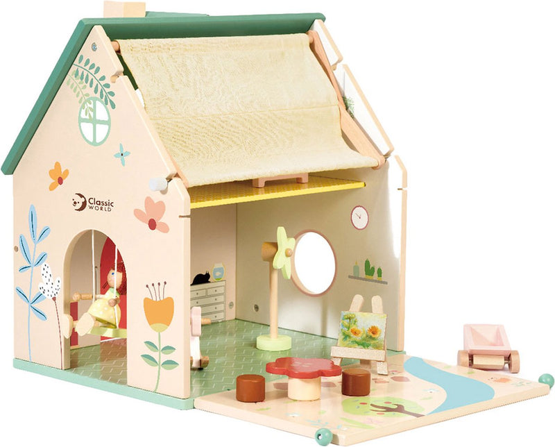 Classic World World Wooden Dollhouse con giardino, 10dlg.