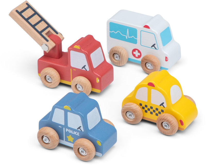 Set di veicoli in legno Woet ® - 4 macchinine - polizia, vigili del fuoco, ambulanza e taxi - veicoli giocattolo di servizio di emergenza - da 18 mesi