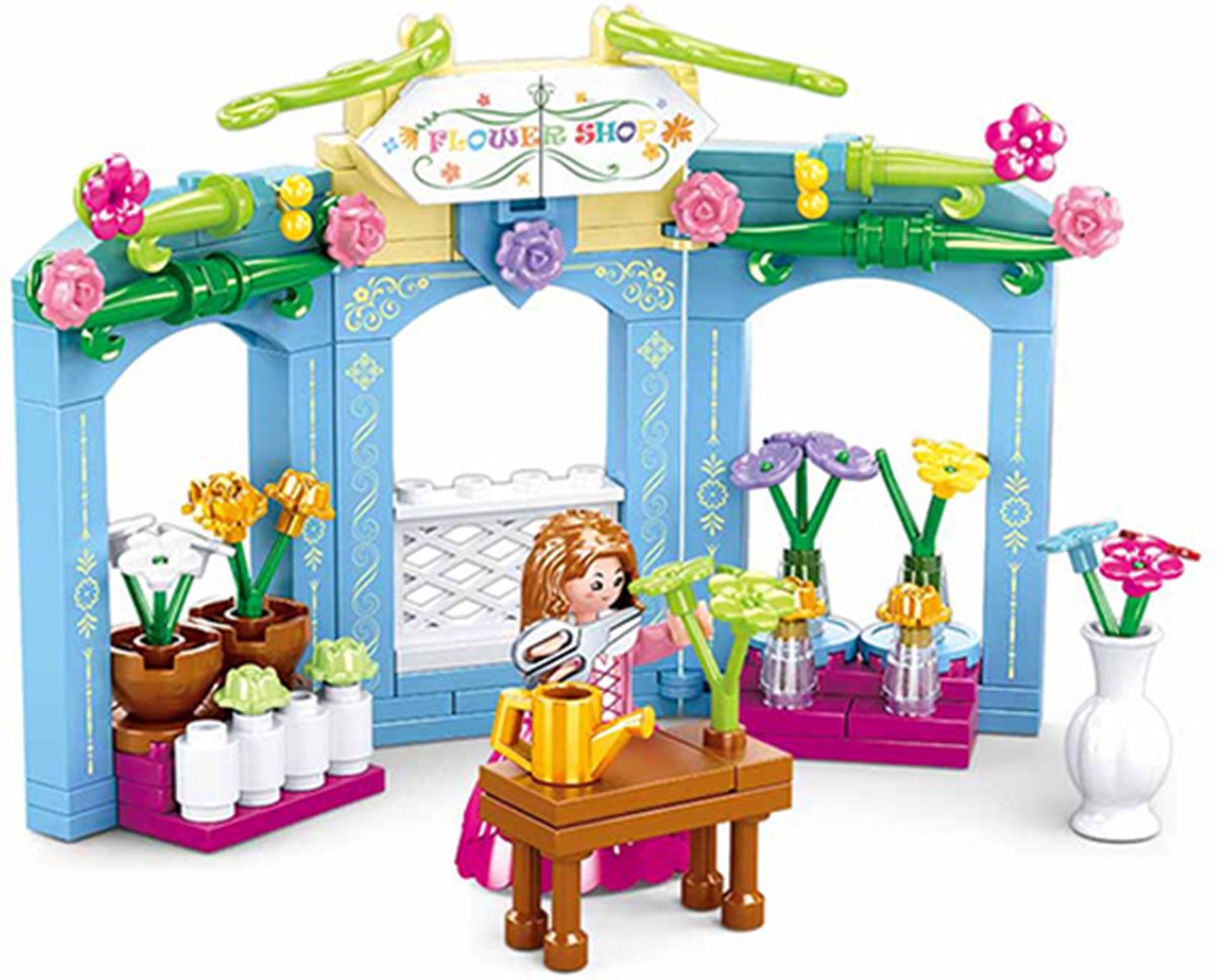 Giocattoli da costruzione per fioristi d'epoca del villaggio di Sluban per bambini dai 6 anni - modello di negozio di fiori con giocattoli da costruzione - scatola da costruzione con 154 blocchi da costruzione e 1 minifigure - m38-b0905
