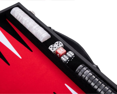 Backgammon Engelhart de 18 pulgadas - tablero con incrustaciones rojas, negras y blancas - estuche de cuero artificial de lujo con asa -