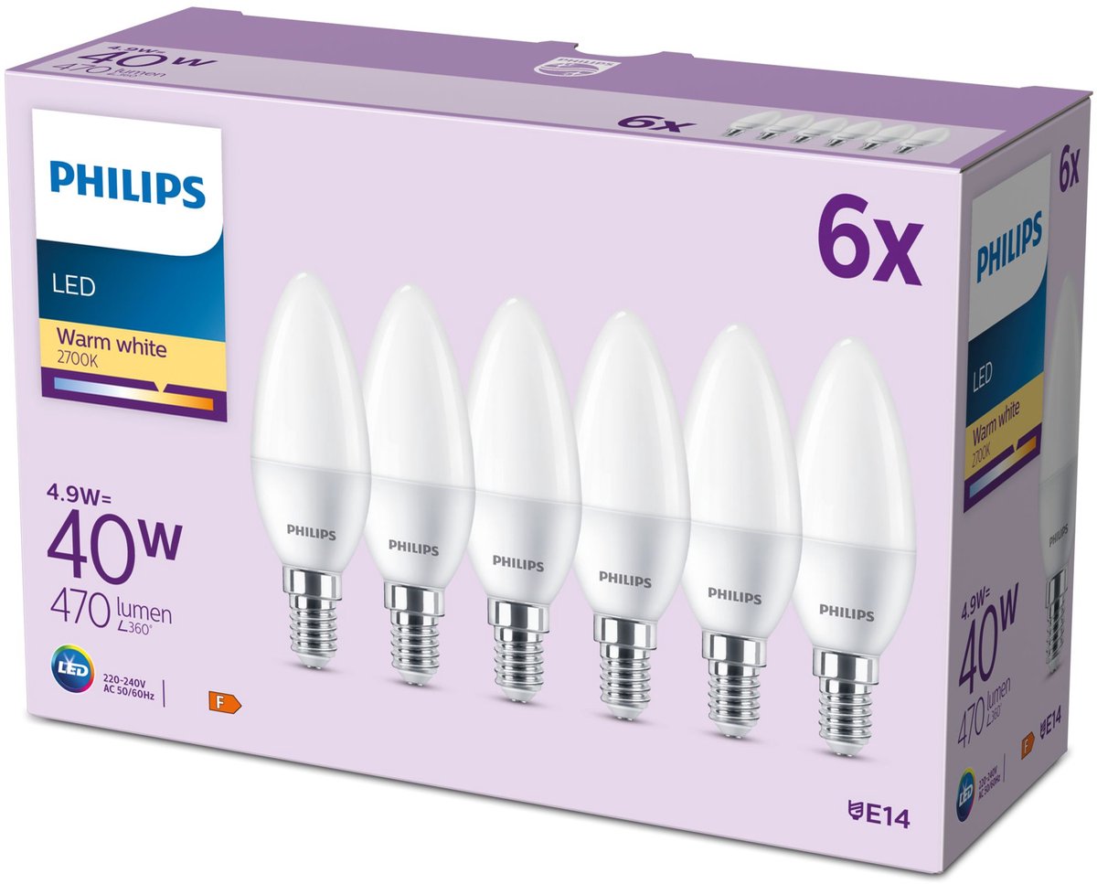 Lampada a candela LED Philips opaca - 40 W - E14 - luce bianca calda - 6 pezzi