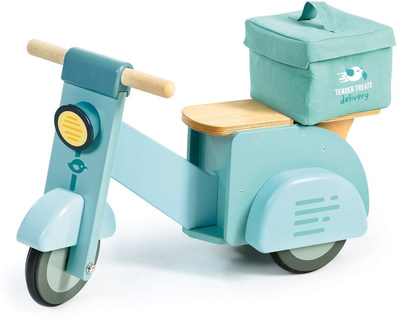 Scooter giocattolo da cavalcare in legno Tender Leaf con borsa in tela.