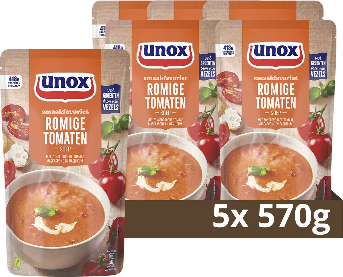 Unox - sopa en bolsa - sopa cremosa de tomate - 5 bolsas x 570 ml