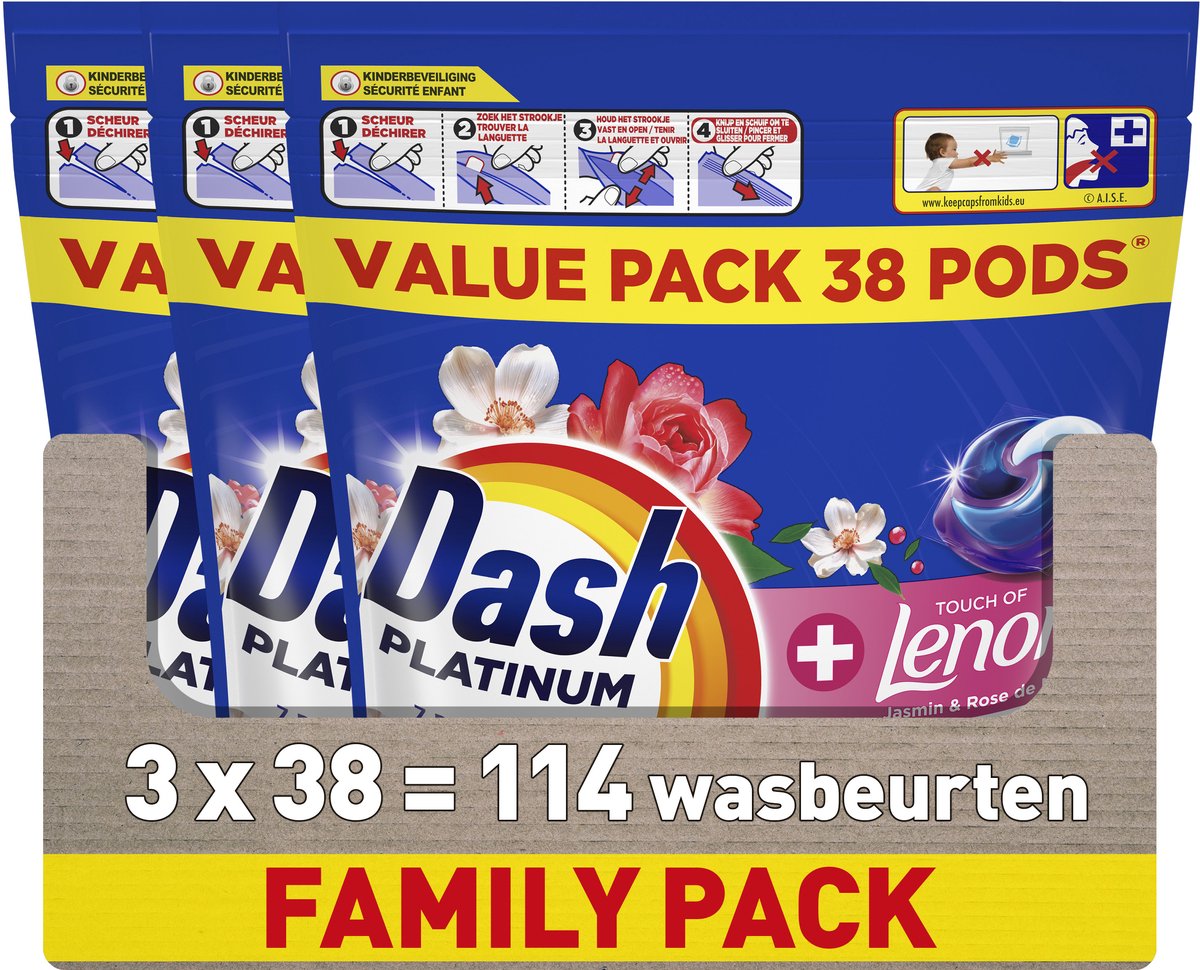 Dash platinum wasmiddel pods® - jasmijn en rose de may - 3 x 38 wasbeurten