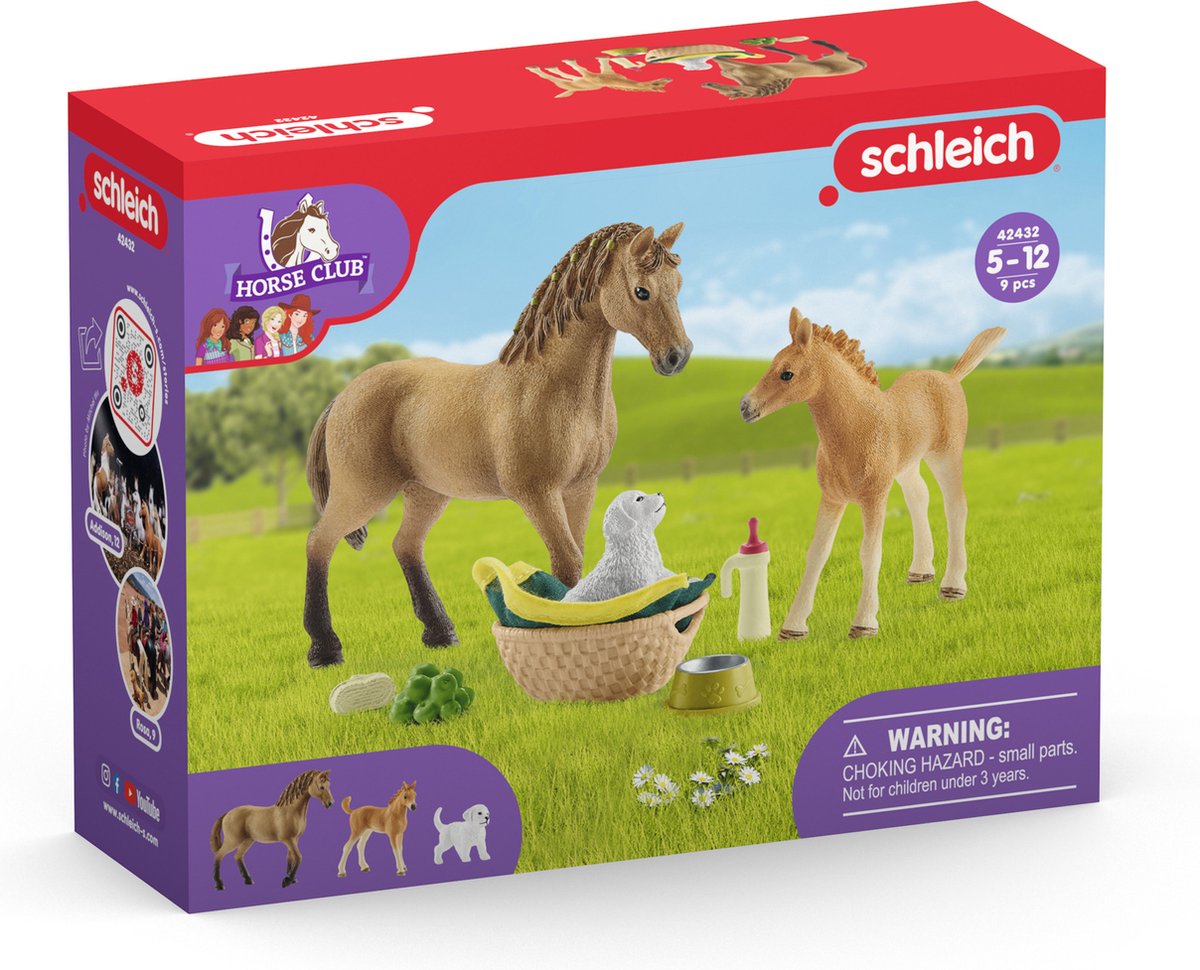Schleich horse club play figure set - Sarah takes care of the young animals - children's toys for boys and girls - 5 to 12 years - 9 parts - 42432