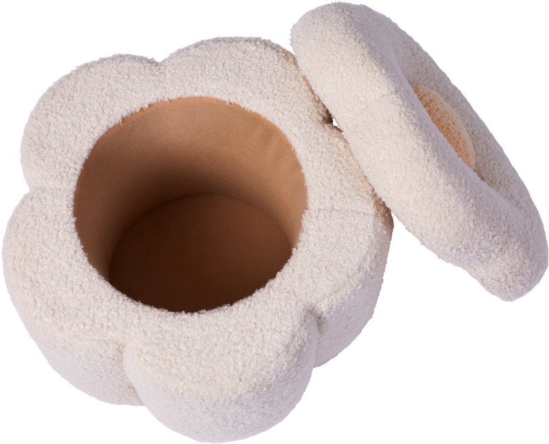 Puf de flores Childhome - caja de juguetes - caja de almacenamiento 2 en 1 - 35x35x32 cm - crudo - tela de peluche - puf de asiento suave - caja de almacenamiento con tapa