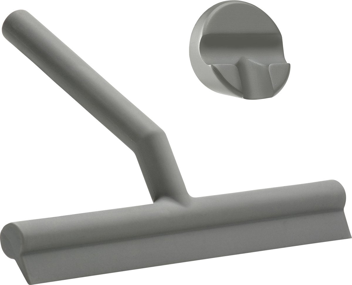 Zone Denmark Spatola per doccia Solo - spatola per doccia con supporto - gancio per appendere autoadesivo - spatola per doccia in silicone - accessorio per il bagno - design antiruggine - grigio - 21 x 17 x 3,5 cm
