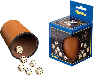Coppa dadi Philos in similpelle con 6 dadi marrone accessorio da gioco.