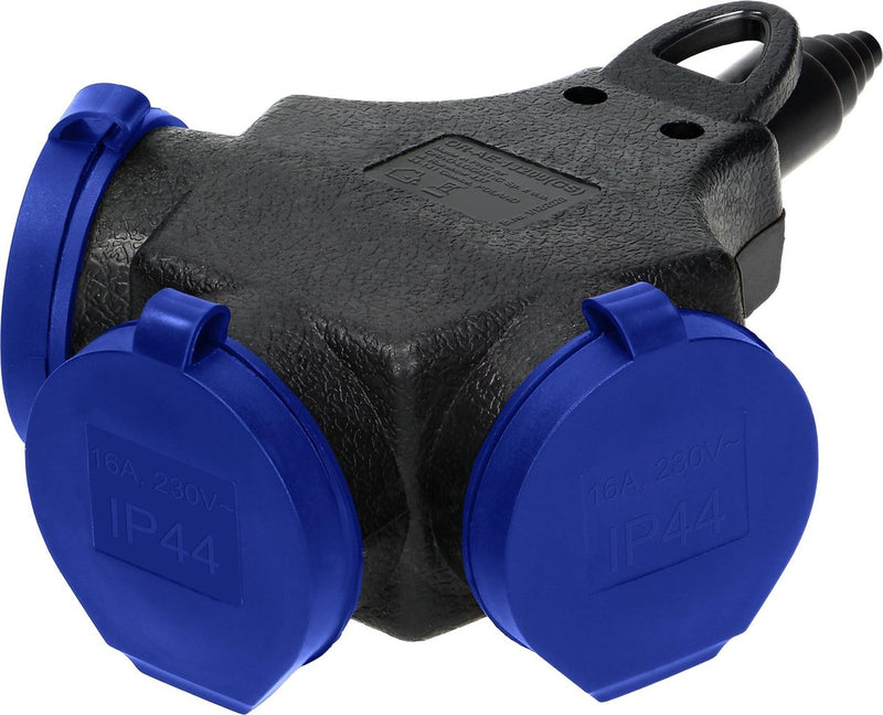 Orno regleta resistente para exteriores - robusto enchufe de distribución schuko - regleta de 3 vías - toma de jardín de goma maciza - IP44 a prueba de polvo y salpicaduras - negro