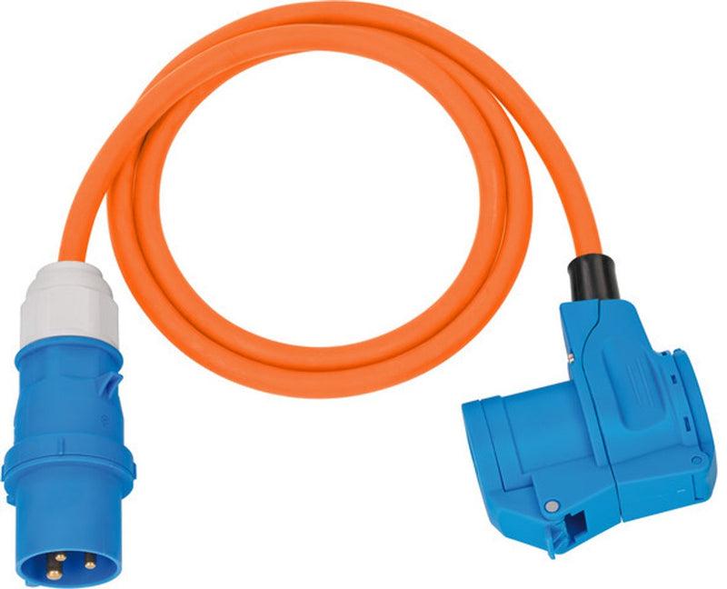 Cavo adattatore cee da campeggio Brennerstuhl con spina cee e giunto angolare incl. presa combinata con contatto di sicurezza (cavo da 1,5 m arancione, 230 V 16 A, per uso esterno, prodotto in Germania)