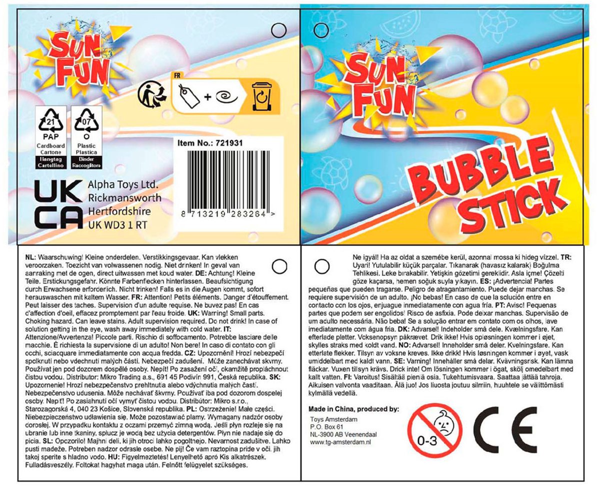 Sun Fun Bubble Blow Stick 120ml 37 cm, 24st.