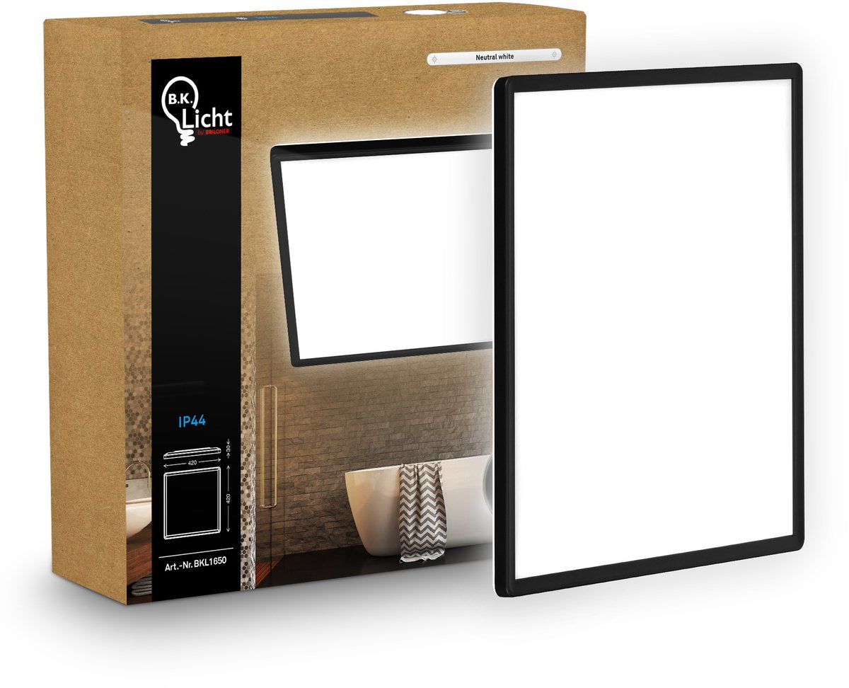 B.k.licht superficiale - Lampada da soffitto a LED per bagno - Lampada da soffitto a pannello - Illuminazione da bagno con luce bianca neutra - ip44 - 42 x 42 cm - nero