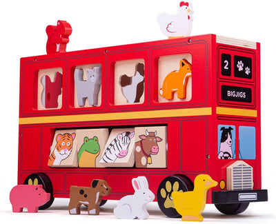 Bigjigs selezionatrice di forme in legno autobus rosso per animali - 21 pz.