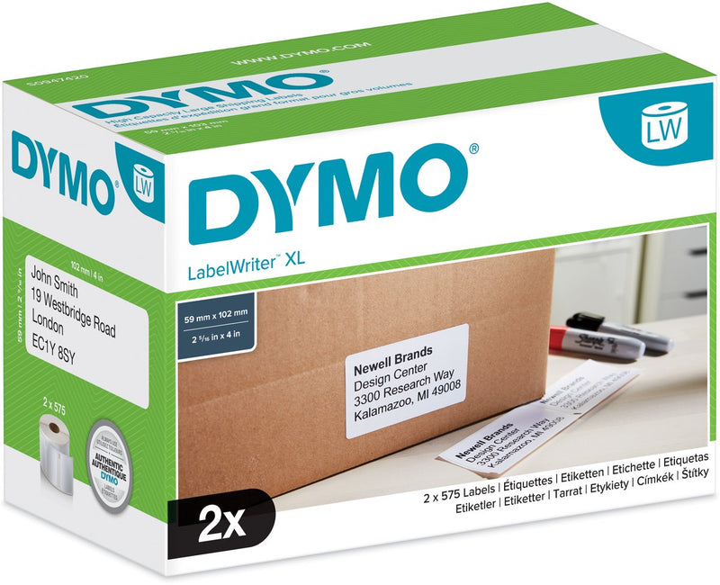 Etichette di spedizione originali Labelwriter Dymo per alta capacità | 59 mm x 102 mm | 2 rotoli di etichette a rilascio facile (1150 etichette postali) | etichette autoadesive per le stampanti di etichette labelwriter 4xl 5xl