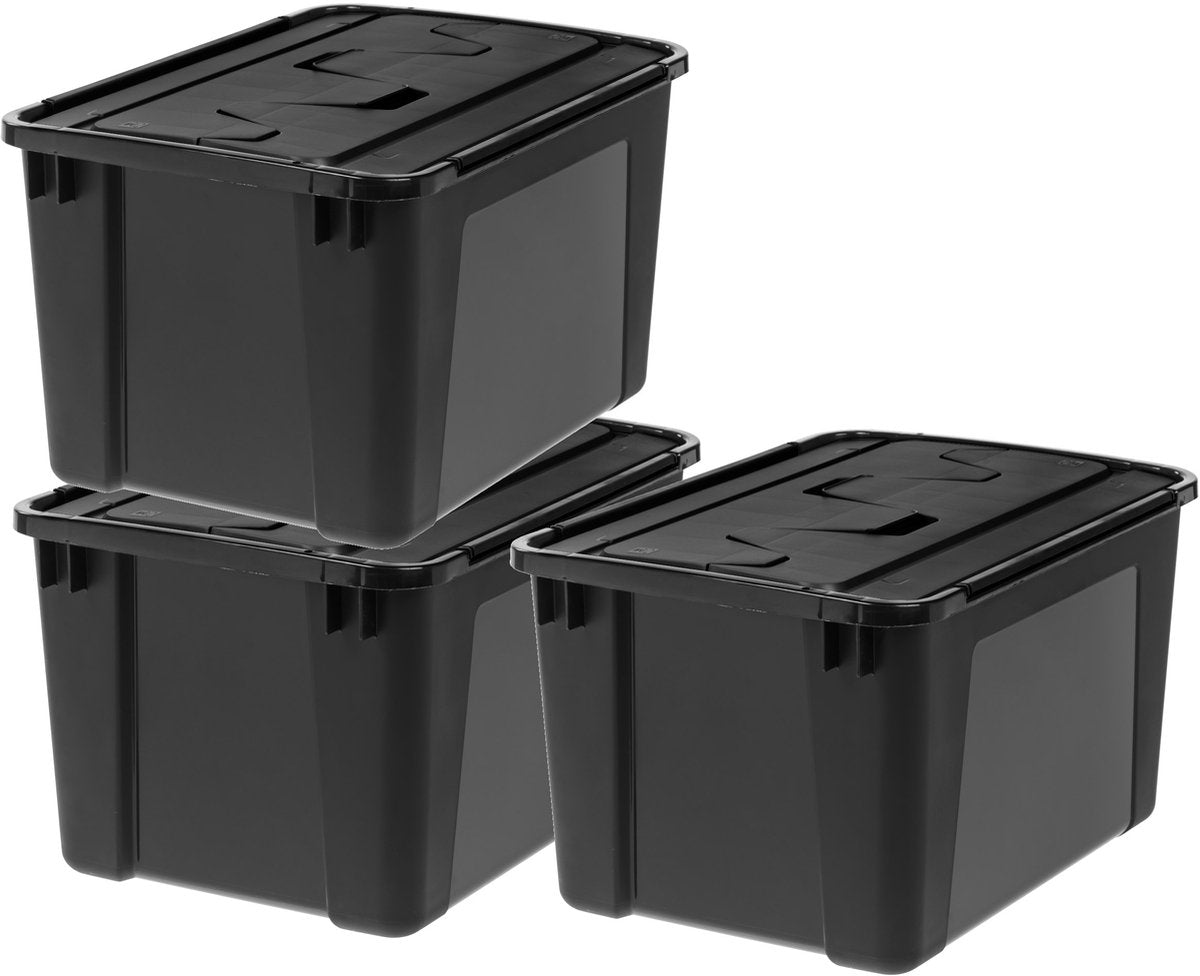 Scatola portaoggetti Iris con coperchio pieghevole - 48 l - impilabile - con coperchio pieghevole - plastica - nera - set da 3
