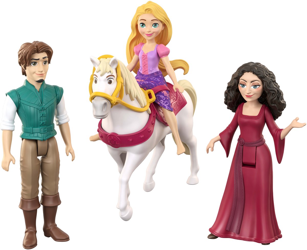 Set di personaggi principessa Rapunzel Disney Mattel con 3 piccole bambole e cavallo