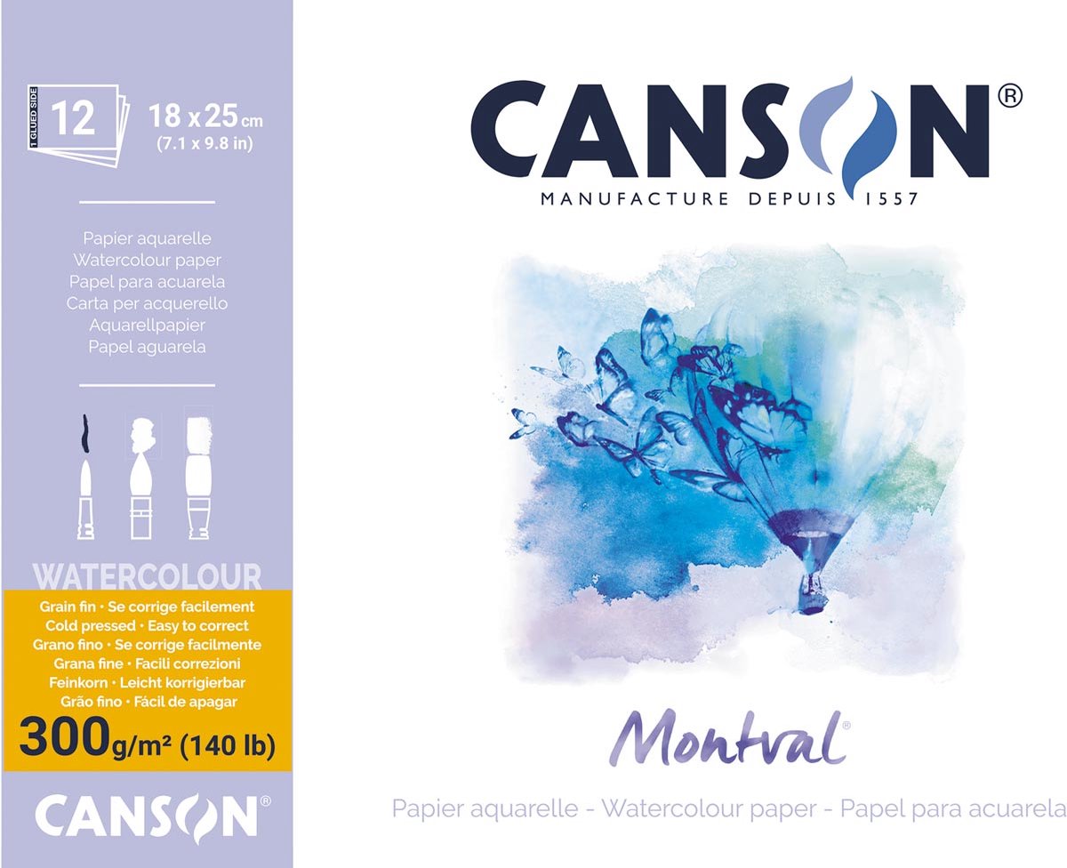 Canson montval aquarelpapier, wit met fijne korrel 300 g m?, ft 18 x 25 cm, blok met 12 vellen