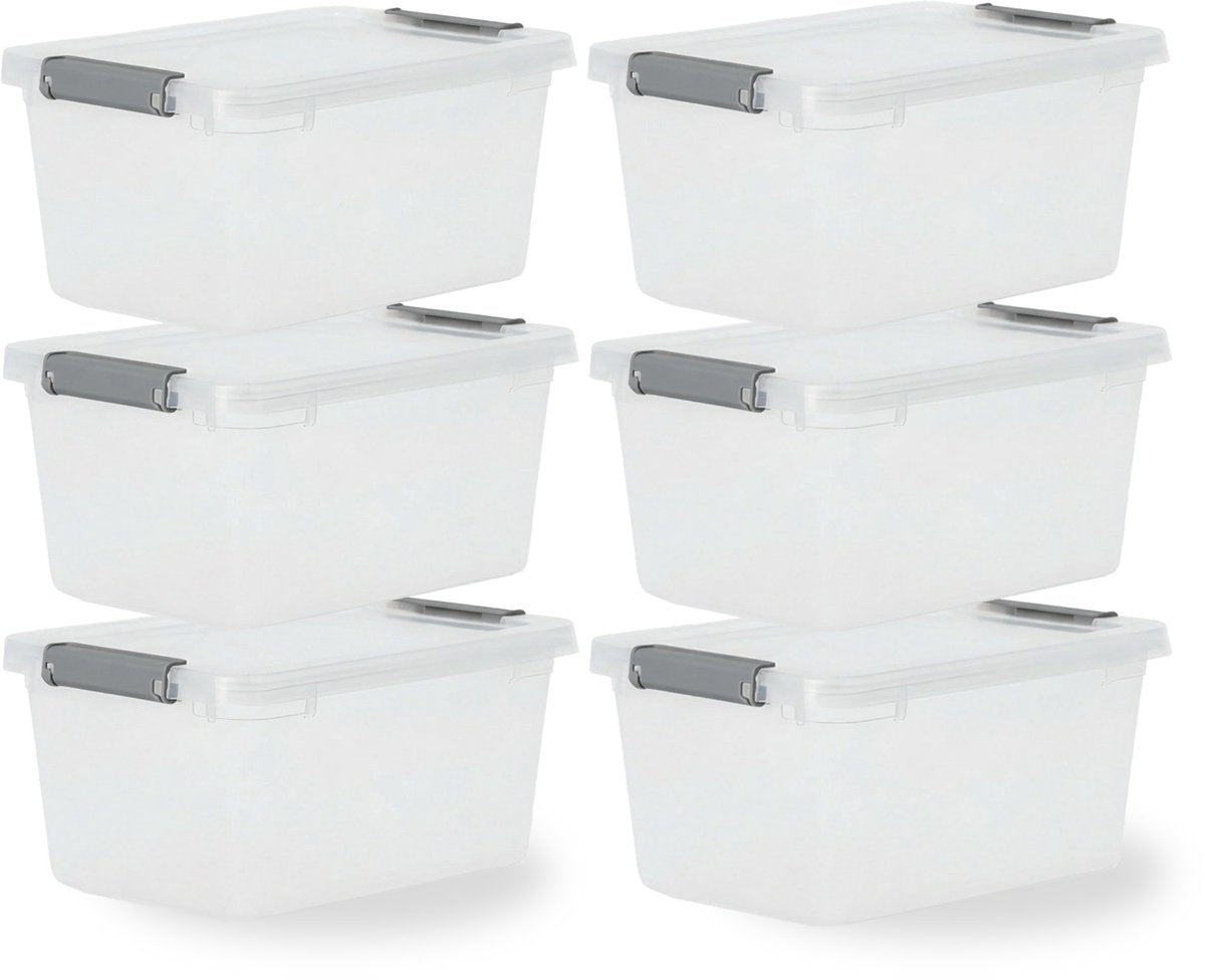 Iris storage opbergbox met clips - 4.5l - compact - stapelbaar - kunststof - transparant grijs - set van 6