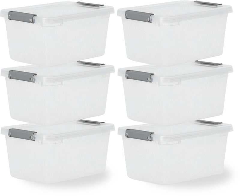 Caja de almacenamiento Iris con clips - 4,5 l - compacta - apilable - plástico - gris transparente - juego de 6