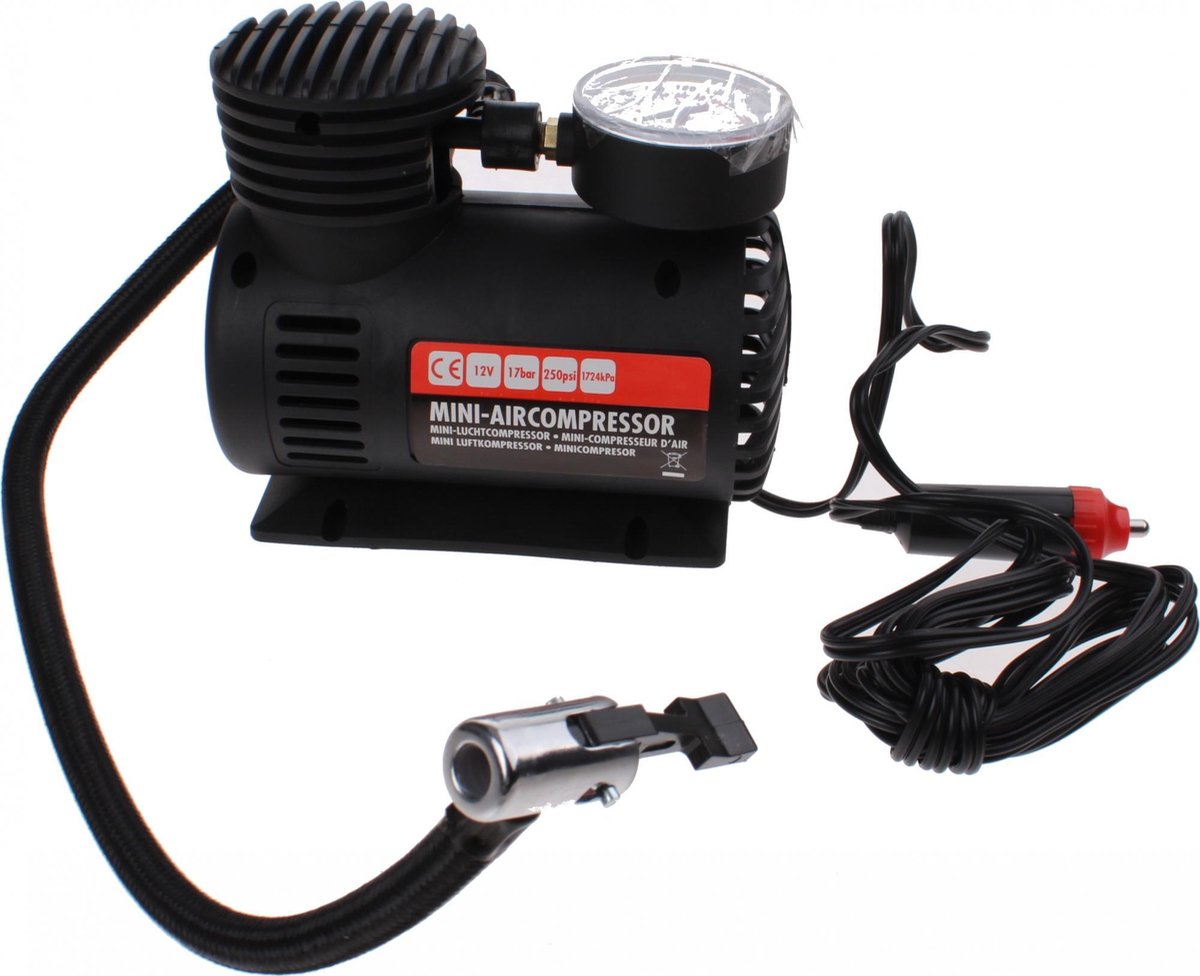 Mini compressore Carpoint - gonfiaggio pneumatici - massimo 17 bar o 250 psi - adattatori vari - gonfiaggio palloni gonfiabili (calcio) - lunghezza cavo 3 metri