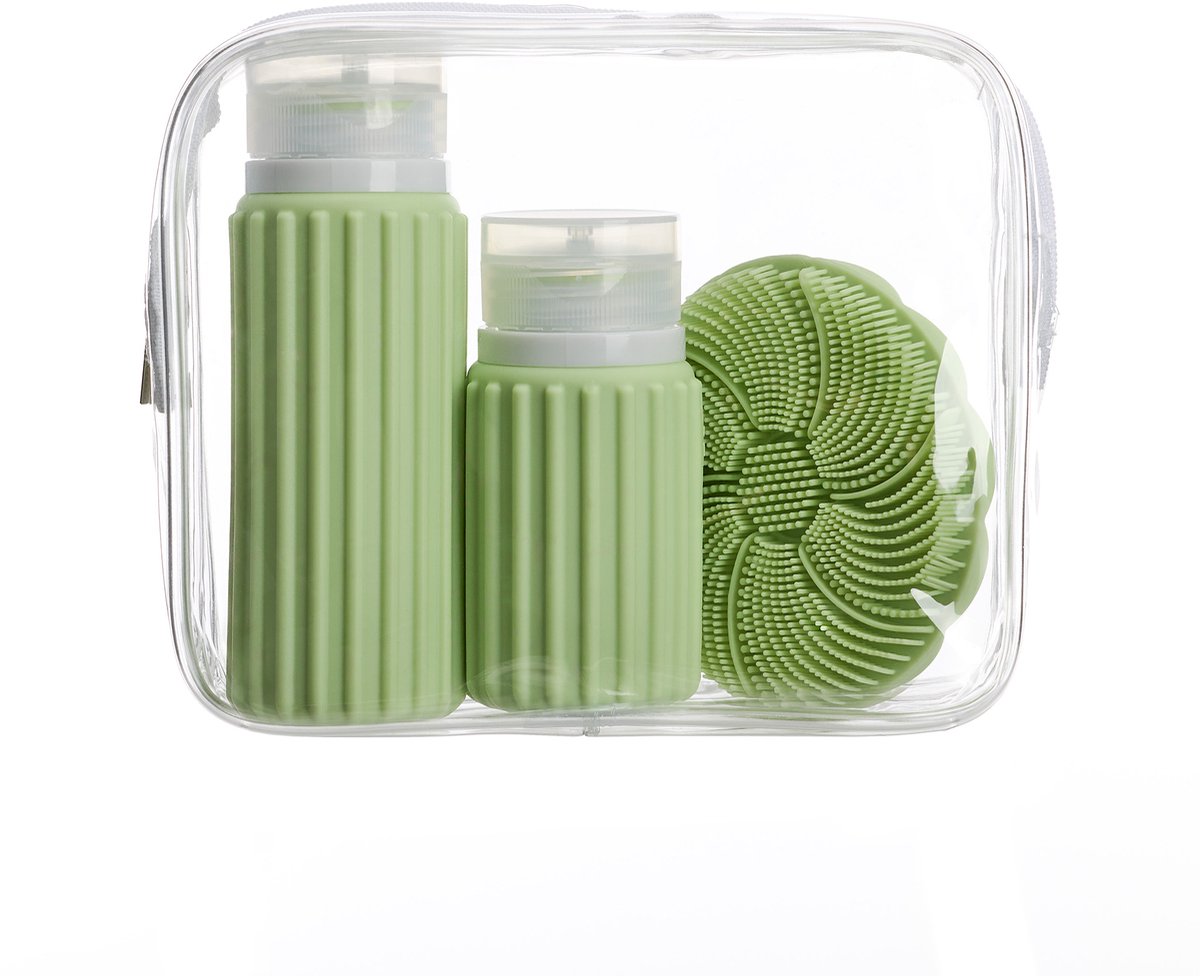 Borsa da viaggio Muitomas + spazzola per il viso + 2 bottiglie – compatta – borsa trasparente impermeabile – bottiglie da viaggio in silicone – verde