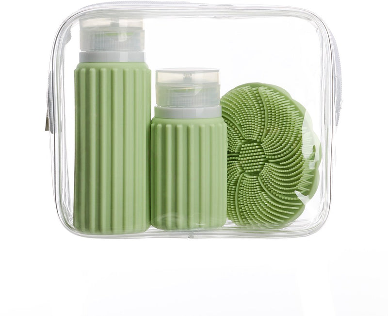 Bolsa de viaje Muitomas + cepillo facial + 2 botellas - compacta - bolsa transparente impermeable - botellas de viaje de silicona - verde