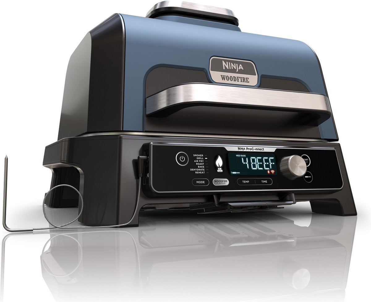 Ninja Woodfire Pro Connect XL - Parrilla eléctrica inteligente para barbacoa y ahumador 7 en 1 - Incluye termómetro digital para asados - Aplicación Connect - og901eu