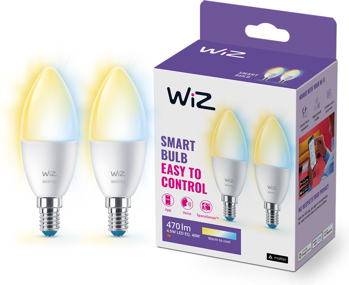 Wiz kaarslamp 2-pack - warm- tot koelwit licht - slimme led verlichting - e14 fitting - 40w - mat - wi-fi
