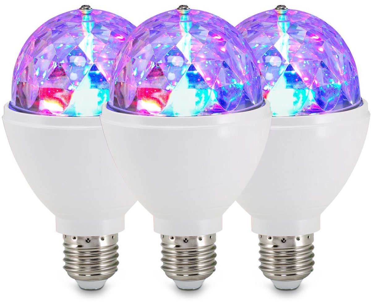 B.k.licht briloner disco light - set van 3 led lichtbronnen – led lamp – rgb met kleurverandering – draaiend – lichteffect – e27 fitting – 3w – 12,9x7,3 cm