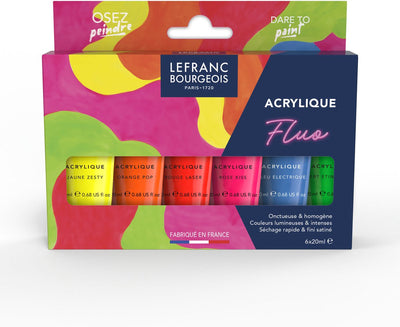 Lefranc borghese 302129 set acrilico fine fluo – 6 x 20 ml – vernice acrilica fluorescente – set colori neon (giallo fluorescente, arancione fluorescente, rosso fluorescente, rosa fluorescente, blu fluorescente, verde fluorescente)