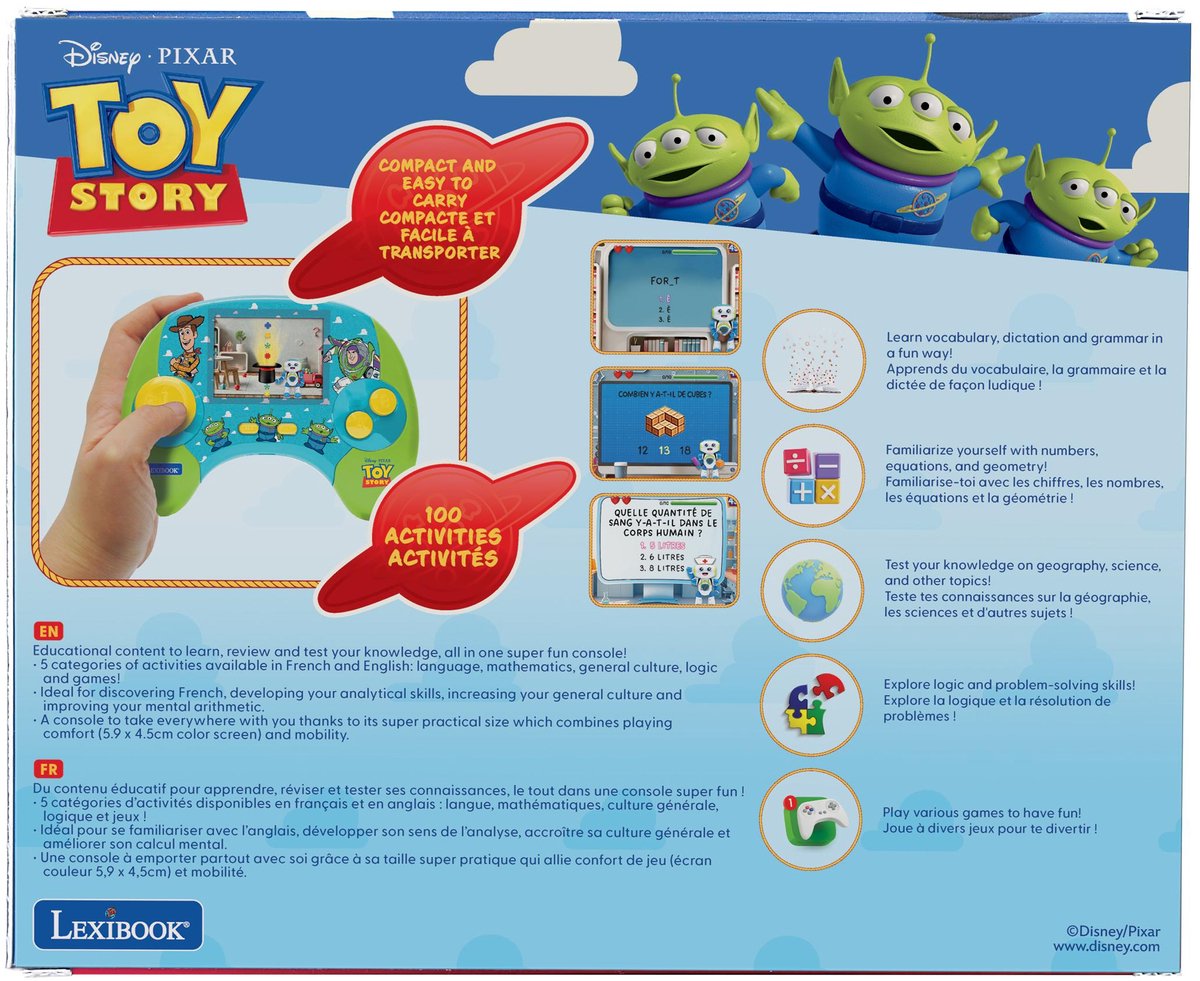 Lexibook Stream Console® Console parlante portatile bilingue educativa Toy Story con 100 attività e schermo LCD a colori da 2,8 in francese e inglese